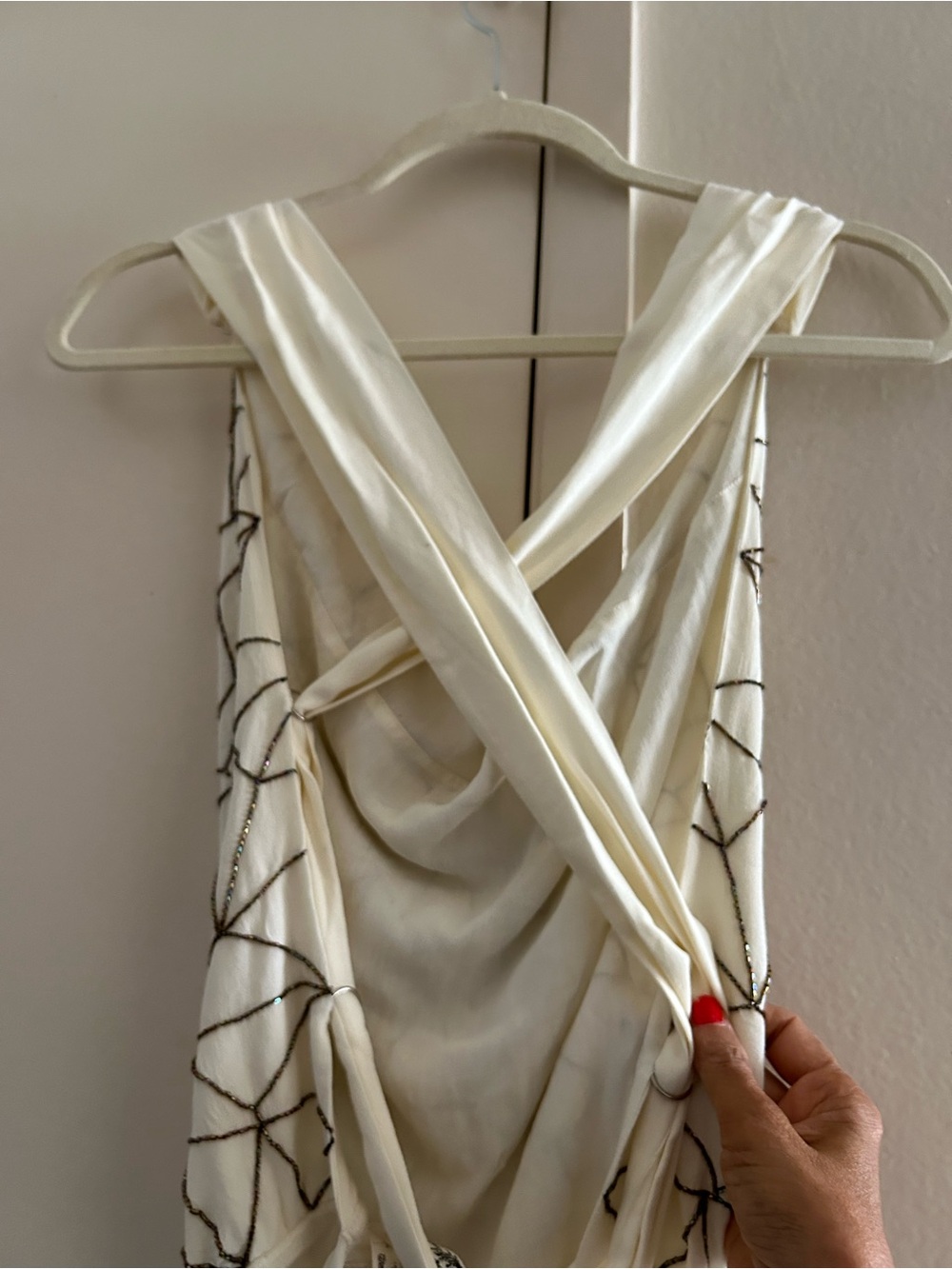 Free People Cream Draped Bodysuit with Black Geometric Stitching - Picture 4 of 10